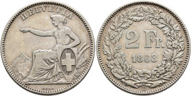SWITZERLAND. Schweizerische Eidgenossenschaft (Swiss Confederation). 1848-present. 2 Franken 1863 B (Silver, 27 mm, 9.90 g, 6 h). HELVETIA Helvetia se...