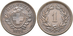 SWITZERLAND. Schweizerische Eidgenossenschaft (Swiss Confederation). 1848-present. 1 Rappen 1870 B (Copper, 16 mm, 1.51 g, 12 h). HELVETIA / 1870 Swis...