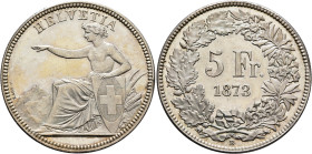 SWITZERLAND. Schweizerische Eidgenossenschaft (Swiss Confederation). 1848-present. 5 Franken 1873 B (Silver, 37 mm, 25.07 g, 6 h). HELVETIA Helvetia s...