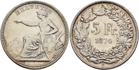 SWITZERLAND. Schweizerische Eidgenossenschaft (Swiss Confederation). 1848-present. 5 Franken 1874 B (Silver, 37 mm, 24.99 g, 6 h). HELVETIA Helvetia s...
