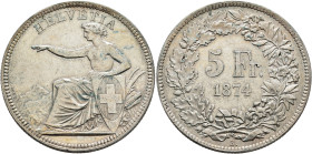 SWITZERLAND. Schweizerische Eidgenossenschaft (Swiss Confederation). 1848-present. 5 Franken 1874 B. (Silver, 37 mm, 25.07 g, 12 h). HELVETIA Helvetia...