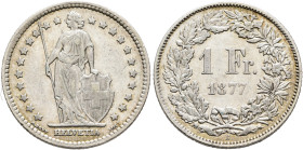 SWITZERLAND. Schweizerische Eidgenossenschaft (Swiss Confederation). 1848-present. 1 Franken 1877 B (Silver, 23 mm, 5.01 g, 6 h). Helvetia standing fa...