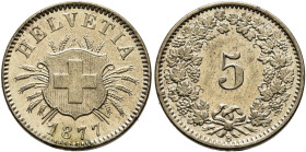 SWITZERLAND. Schweizerische Eidgenossenschaft (Swiss Confederation). 1848-present. 5 Rappen 1877 B (Billon, 17 mm, 1.69 g, 12 h). HELVETIA / 1877 Swis...