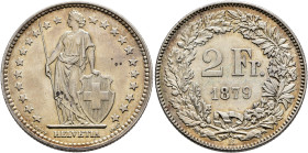 SWITZERLAND. Schweizerische Eidgenossenschaft (Swiss Confederation). 1848-present. 2 Franken 1879 B (Silver, 27 mm, 10.13 g, 6 h). Helvetia standing f...