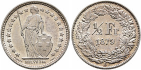 SWITZERLAND. Schweizerische Eidgenossenschaft (Swiss Confederation). 1848-present. 1/2 Franken 1879 B (Silver, 18 mm, 2.49 g, 6 h). Helvetia standing ...