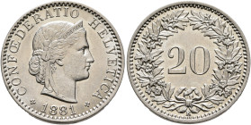 SWITZERLAND. Schweizerische Eidgenossenschaft (Swiss Confederation). 1848-present. 20 Rappen 1881 B (Nickel, 21 mm, 4.00 g, 12 h). CONFOEDERATIO HELVE...