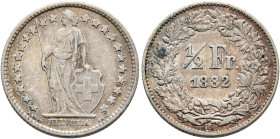 SWITZERLAND. Schweizerische Eidgenossenschaft (Swiss Confederation). 1848-present. 1/2 Franken 1882 B (Silver, 18 mm, 2.49 g, 6 h). Helvetia standing ...
