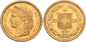 SWITZERLAND. Schweizerische Eidgenossenschaft (Swiss Confederation). 1848-present. 20 Franken 1886 (Gold, 21 mm, 6.47 g, 6 h), Bern. CONFOEDERATIO HEL...