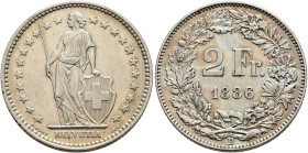 SWITZERLAND. Schweizerische Eidgenossenschaft (Swiss Confederation). 1848-present. 2 Franken 1886 B (Silver, 27 mm, 10.00 g, 6 h). Helvetia standing f...