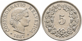 SWITZERLAND. Schweizerische Eidgenossenschaft (Swiss Confederation). 1848-present. 5 Rappen 1887 B (Copper-Nickel, 17 mm, 2.00 g, 12 h). CONFOEDERATIO...
