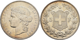 SWITZERLAND. Schweizerische Eidgenossenschaft (Swiss Confederation). 1848-present. 5 Franken 1889 B (Silver, 37 mm, 25.07 g, 6 h). CONFOEDERATIO HELVE...