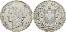SWITZERLAND. Schweizerische Eidgenossenschaft (Swiss Confederation). 1848-present. 5 Franken 1891 B (Silver, 37 mm, 24.93 g, 6 h). CONFOEDERATIO HELVE...