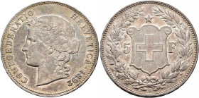 SWITZERLAND. Schweizerische Eidgenossenschaft (Swiss Confederation). 1848-present. 5 Franken 1892 B (Silver, 37 mm, 25.10 g, 6 h). CONFOEDERATIO HELVE...