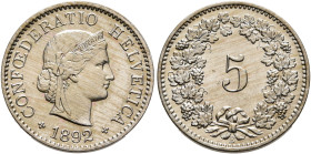 SWITZERLAND. Schweizerische Eidgenossenschaft (Swiss Confederation). 1848-present. 5 Rappen 1892 B (Copper-Nickel, 17 mm, 2.00 g, 12 h). CONFOEDERATIO...