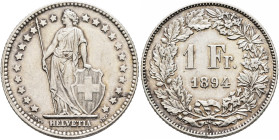 SWITZERLAND. Schweizerische Eidgenossenschaft (Swiss Confederation). 1848-present. 1 Franken 1894 A (Silver, 23 mm, 5.00 g, 6 h). Helvetia standing fa...