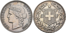 SWITZERLAND. Schweizerische Eidgenossenschaft (Swiss Confederation). 1848-present. 5 Franken 1895 B (Silver, 37 mm, 25.05 g, 6 h). CONFOEDERATIO HELVE...