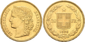 SWITZERLAND. Schweizerische Eidgenossenschaft (Swiss Confederation). 1848-present. 20 Franken 1896 B (Gold, 21 mm, 6.47 g, 6 h), Bern. CONFOEDERATIO H...
