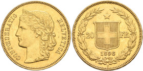 SWITZERLAND. Schweizerische Eidgenossenschaft (Swiss Confederation). 1848-present. 20 Franken 1896 (Gold, 21 mm, 6.44 g, 6 h), Bern. CONFOEDERATIO HEL...