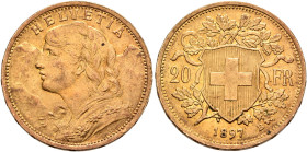 SWITZERLAND. Schweizerische Eidgenossenschaft (Swiss Confederation). 1848-present. 20 Franken 1897 B (Gold, 21 mm, 6.47 g, 6 h), Bern. HELVETIA Bust o...