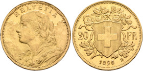 SWITZERLAND. Schweizerische Eidgenossenschaft (Swiss Confederation). 1848-present. 20 Franken 1898 B (Gold, 21 mm, 6.47 g, 6 h), Bern. HELVETIA Bust o...