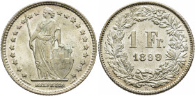 SWITZERLAND. Schweizerische Eidgenossenschaft (Swiss Confederation). 1848-present. 1 Franken 1899 B (Silver, 23 mm, 5.00 g, 6 h). Helvetia standing fa...