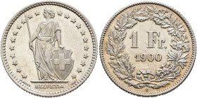 SWITZERLAND. Schweizerische Eidgenossenschaft (Swiss Confederation). 1848-present. 1 Franken 1900 B (Silver, 23 mm, 4.99 g, 6 h). Helvetia standing fa...