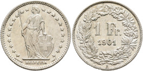 SWITZERLAND. Schweizerische Eidgenossenschaft (Swiss Confederation). 1848-present. 1 Franken 1901 B (Silver, 23 mm, 5.01 g, 6 h). Helvetia standing fa...