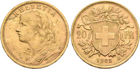 SWITZERLAND. Schweizerische Eidgenossenschaft (Swiss Confederation). 1848-present. 20 Franken 1902 B (Gold, 21 mm, 6.47 g, 6 h), Bern. HELVETIA Bust o...