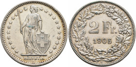 SWITZERLAND. Schweizerische Eidgenossenschaft (Swiss Confederation). 1848-present. 2 Franken 1905 B (Silver, 27 mm, 9.93 g, 6 h). Helvetia standing fa...