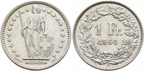 SWITZERLAND. Schweizerische Eidgenossenschaft (Swiss Confederation). 1848-present. 1 Franken 1905 B (Silver, 23 mm, 5.00 g, 6 h). Helvetia standing fa...