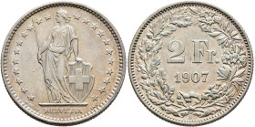 SWITZERLAND. Schweizerische Eidgenossenschaft (Swiss Confederation). 1848-present. 2 Franken 1907 B (Silver, 27 mm, 10.06 g, 6 h). Helvetia standing f...