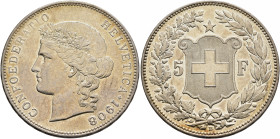 SWITZERLAND. Schweizerische Eidgenossenschaft (Swiss Confederation). 1848-present. 5 Franken 1908 B (Silver, 36 mm, 25.00 g, 6 h). CONFOEDERATIO HELVE...