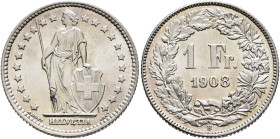 SWITZERLAND. Schweizerische Eidgenossenschaft (Swiss Confederation). 1848-present. 1 Franken 1908 B (Silver, 23 mm, 4.99 g, 6 h). Helvetia standing fa...
