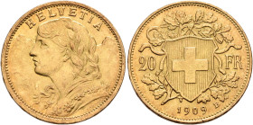 SWITZERLAND. Schweizerische Eidgenossenschaft (Swiss Confederation). 1848-present. 20 Franken 1909 B (Gold, 21 mm, 6.47 g, 6 h), Bern. HELVETIA Bust o...