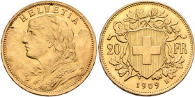 SWITZERLAND. Schweizerische Eidgenossenschaft (Swiss Confederation). 1848-present. 20 Francs 1909 B (Gold, 21 mm, 6.40 g, 6 h), Bern. HELVETIA Bust of...