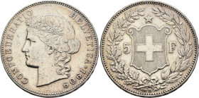 SWITZERLAND. Schweizerische Eidgenossenschaft (Swiss Confederation). 1848-present. 5 Franken 1909 B (Silver, 37 mm, 25.00 g, 6 h). CONFOEDERATIO HELVE...