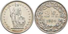 SWITZERLAND. Schweizerische Eidgenossenschaft (Swiss Confederation). 1848-present. 2 Franken 1909 B (Silver, 27 mm, 10.02 g, 6 h). Helvetia standing f...