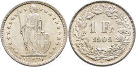 SWITZERLAND. Schweizerische Eidgenossenschaft (Swiss Confederation). 1848-present. 1 Franken 1909 B (Silver, 23 mm, 4.98 g, 6 h). Helvetia standing fa...