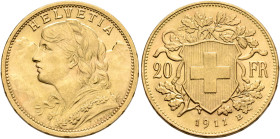 SWITZERLAND. Schweizerische Eidgenossenschaft (Swiss Confederation). 1848-present. 20 Francs 1911 B (Gold, 21 mm, 6.43 g, 6 h), Bern. HELVETIA Bust of...