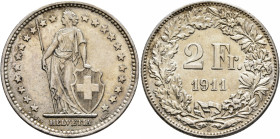 SWITZERLAND. Schweizerische Eidgenossenschaft (Swiss Confederation). 1848-present. 2 Franken 1911 B (Silver, 27 mm, 10.08 g, 6 h). Helvetia standing f...
