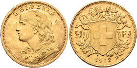 SWITZERLAND. Schweizerische Eidgenossenschaft (Swiss Confederation). 1848-present. 20 Franken 1912 B (Gold, 20 mm, 6.46 g, 6 h), Bern. HELVETIA Bust o...