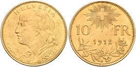 SWITZERLAND. Schweizerische Eidgenossenschaft (Swiss Confederation). 1848-present. 10 Franken 1912 B (Gold, 18 mm, 3.22 g, 6 h), Bern. HELVETIA Bust o...