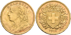 SWITZERLAND. Schweizerische Eidgenossenschaft (Swiss Confederation). 1848-present. 20 Francs 1913 B (Gold, 21 mm, 6.45 g, 6 h), Bern. HELVETIA Bust of...