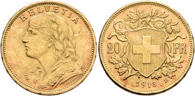 SWITZERLAND. Schweizerische Eidgenossenschaft (Swiss Confederation). 1848-present. 20 Francs 1913 B (Gold, 21 mm, 6.49 g, 6 h), Bern. HELVETIA Bust of...