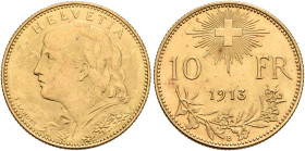 SWITZERLAND. Schweizerische Eidgenossenschaft (Swiss Confederation). 1848-present. 10 Franken 1913 B (Gold, 19 mm, 3.23 g, 6 h), Bern. HELVETIA Bust o...