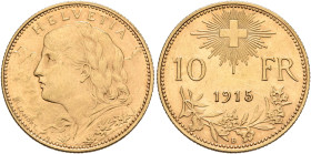 SWITZERLAND. Schweizerische Eidgenossenschaft (Swiss Confederation). 1848-present. 10 Franken 1915 B (Gold, 19 mm, 3.23 g, 6 h). HELVETIA Bust of Helv...