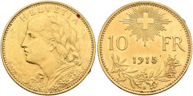 SWITZERLAND. Schweizerische Eidgenossenschaft (Swiss Confederation). 1848-present. 10 Franken 1915 B (Gold, 19 mm, 3.19 g, 6 h), Bern. HELVETIA Bust o...