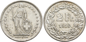 SWITZERLAND. Schweizerische Eidgenossenschaft (Swiss Confederation). 1848-present. 2 Franken 1916 B (Silver, 27 mm, 10.00 g, 6 h). Helvetia standing f...