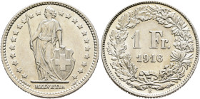 SWITZERLAND. Schweizerische Eidgenossenschaft (Swiss Confederation). 1848-present. 1 Franken 1916 B (Silver, 23 mm, 5.00 g, 6 h). Helvetia standing fa...