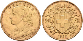 SWITZERLAND. Schweizerische Eidgenossenschaft (Swiss Confederation). 1848-present. 20 Franken 1922 B (Gold, 21 mm, 6.44 g, 6 h), Bern. HELVETIA Bust o...